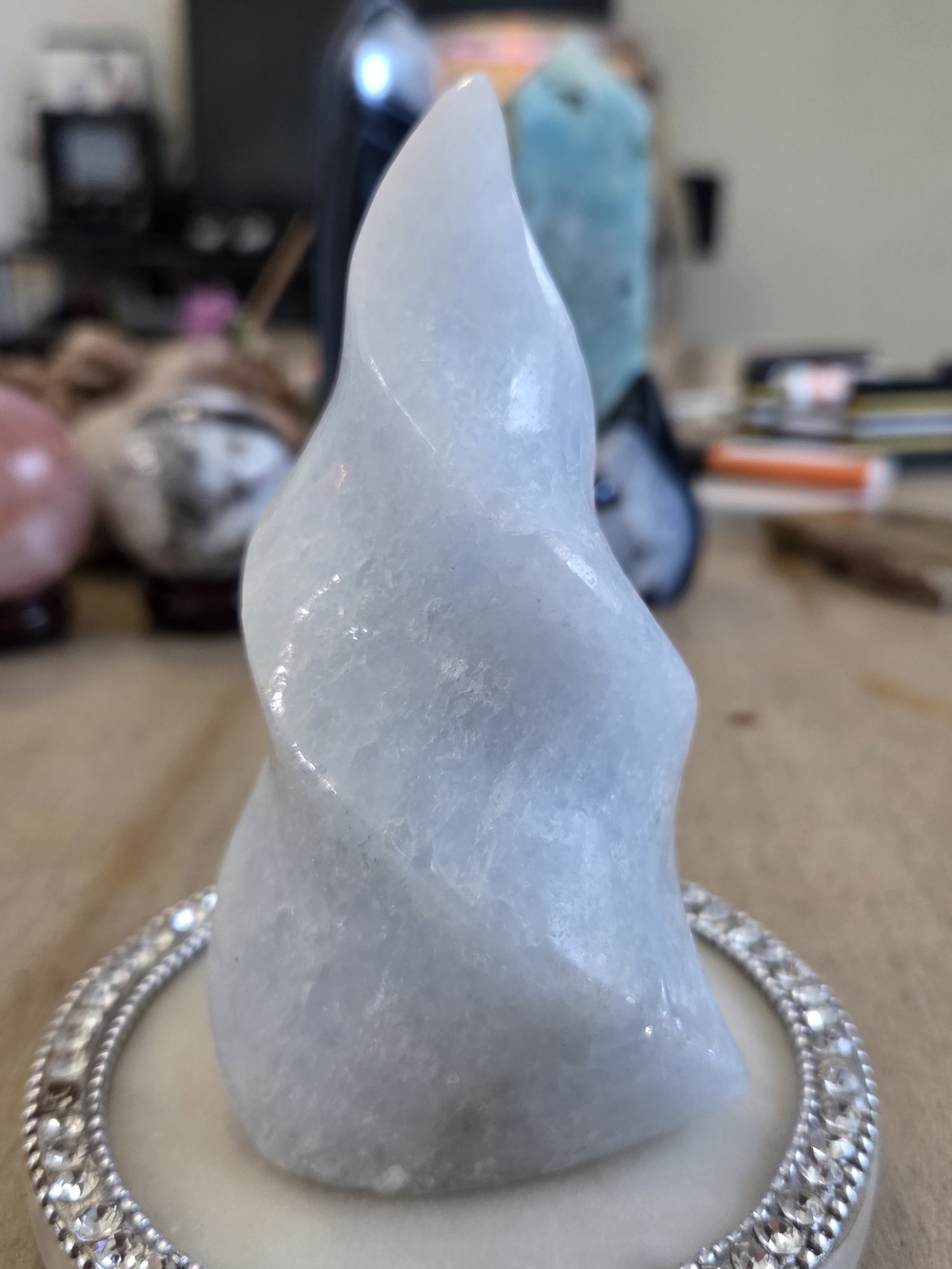 Natural Blue Celestite Crystal Carved Torch Flame Tower New #3